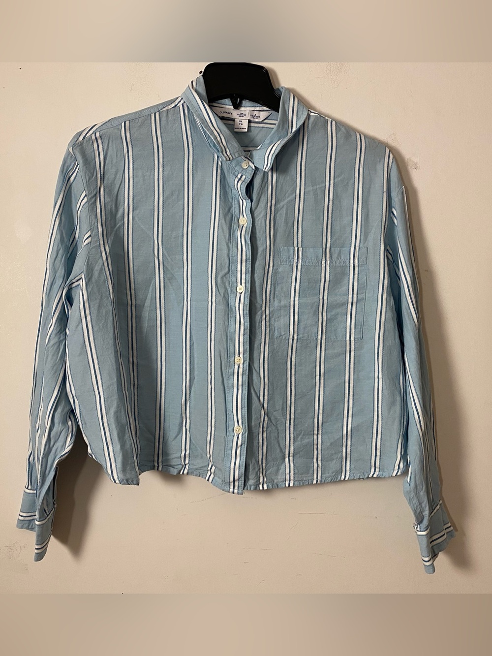 Light Blue Striped Button-Up cropped Shirt 100% Cotton
